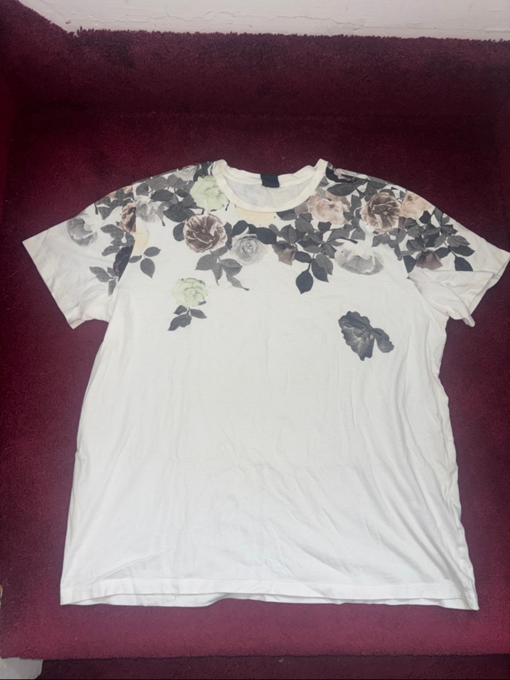 H&M White Crewneck T-Shirt with Muted Floral Yoke